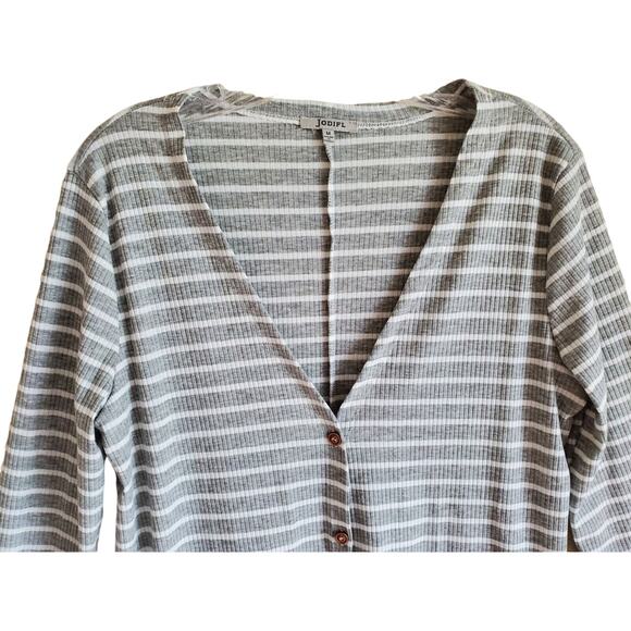 JODIFL Women's M Duster Cardigan Button Up V Neck Gray White Striped Bust 38" - Picture 2 of 9